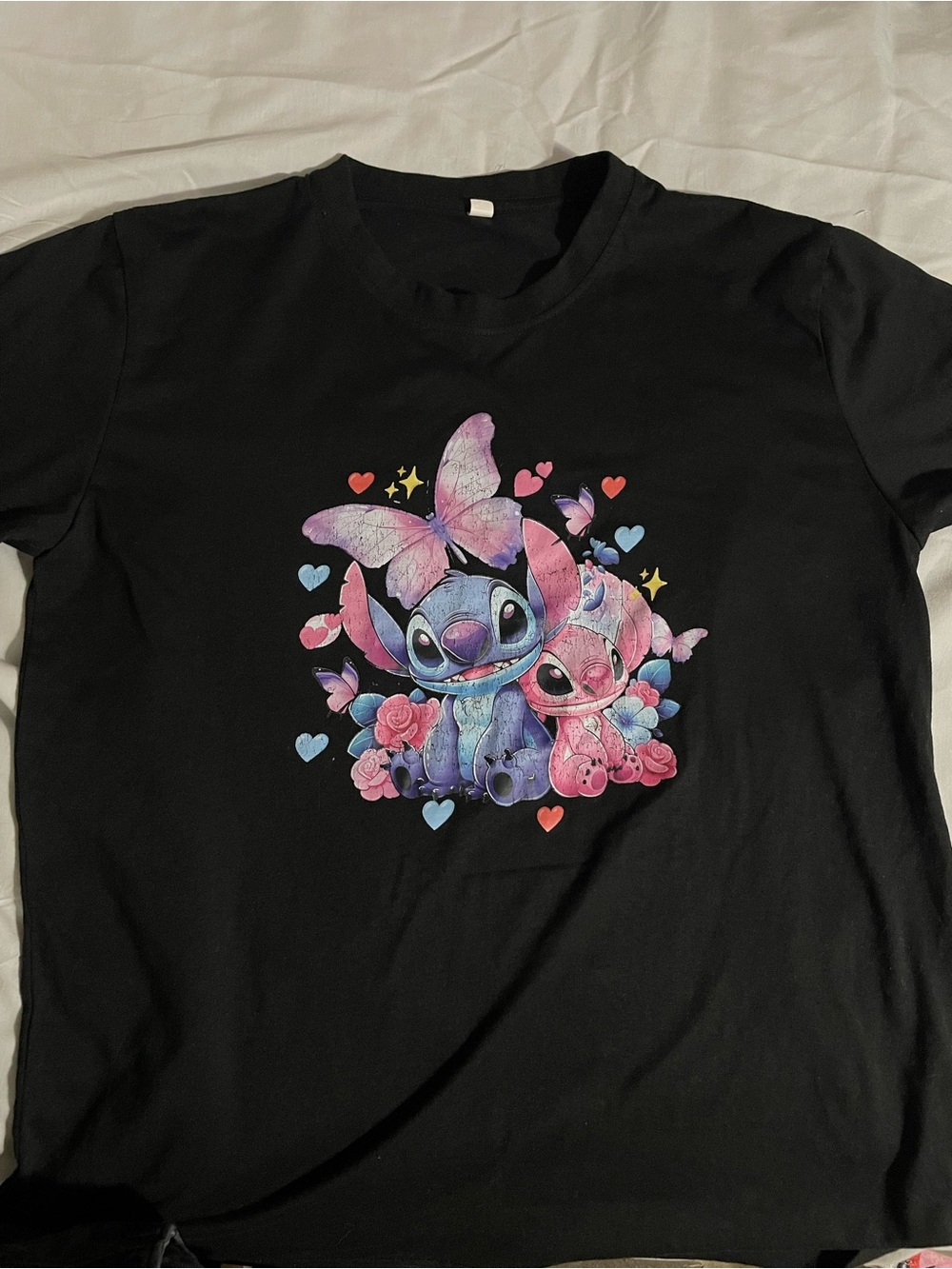 Black Graphic Tee with Pink & Blue Stitch Characters